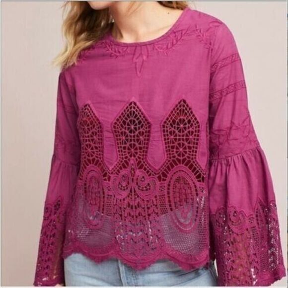 Chloe Oliver x Anthropologie Women's Sz XS Purple Lace Embroidered Boho Blouse - Picture 10 of 12